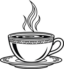 Steaming cup with swirl design, decorative saucer vector, black and white illustration, hot beverage icon, morning comfort, cad drawing art