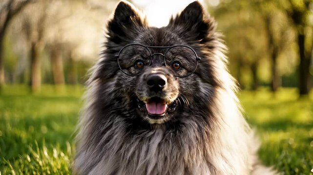 Keeshond dog relaxing in lush green grass, embodying carefree relaxation concept perfect for stock media buyers seeking tranquil and playful scenes, ideal for use as background or overlay in.