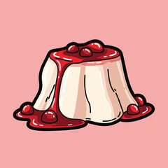 A creamy panna cotta dessert topped with vibrant red berry sauce and whole berries, set against a soft pink background.