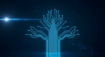 Abstract Digital Tree with Glowing Connections on Dark Background.