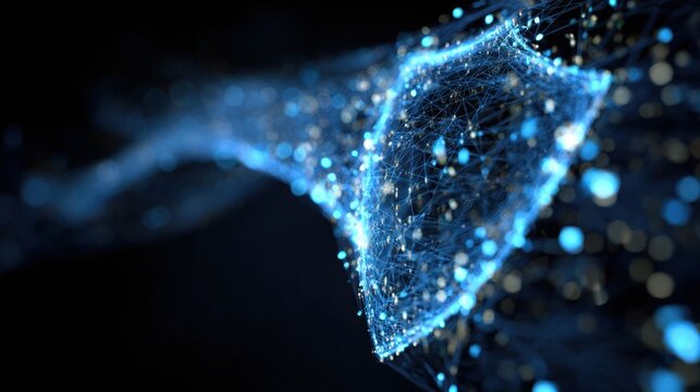 Secure Network Connection Visualization With Bright Blue Shield and Dynamic Binary Code Flow Highlighting Data Protection