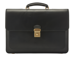 Elegant black leather briefcase with gold clasp, isolated on white background, ideal for business use 
