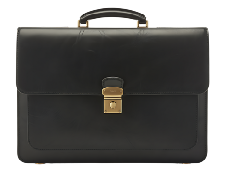 Elegant black leather briefcase with gold clasp, isolated on white background, ideal for business use 
