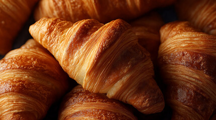 Golden Croissants Delight: An enticing close-up of perfectly baked croissants, their flaky layers and golden crusts create a visual feast of culinary artistry.