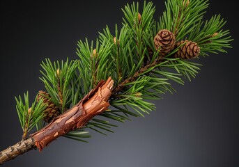 Close up of a fresh pine branch featuring green needles, cones, and peeling bark.