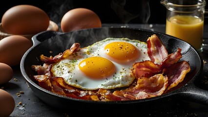 Double sunny side up eggs with crispy bacon in cast iron pan for breakfast