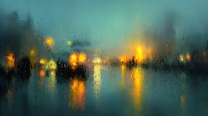 City lights blur through raindrops on a window at dusk.