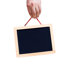 Empty board with copy space hanging in hand, closeup object. Isolated on transparent background