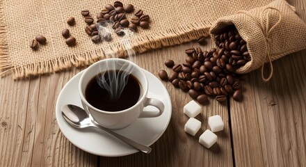 4k close-up showcases steaming black coffee in a white cup with sugar cubes, scattered beans, and burlap on a wooden surface, creating a warm, inviting still life
