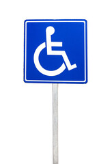 Blue handicapped sign with wheelchair, closeup object. Isolated on transparent background