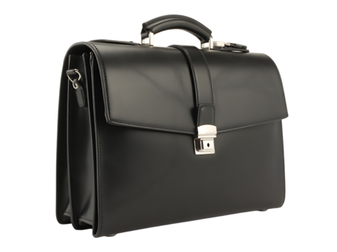 Classic black leather briefcase business professional attache case, Isolated On White, Transparent Background, Png Cut Out 
