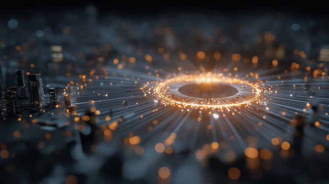 Digital Nexus: A radiant display of digital networking, with interconnected particles forming a vibrant circular design.