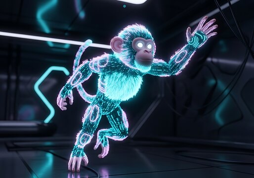 Futuristic primate persona with neon highlights in a tech environment