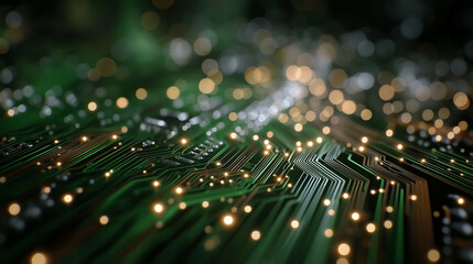 Obraz premium Digital Pathways: Abstract view of a detailed circuit board illuminated with glowing lights, depicting intricate data pathways and electronic connections.