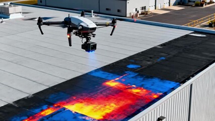 Medium shot showcasing a drone equipped with infrared sensors scanning a commercial building roof to detect heat leaks and insulation issues
