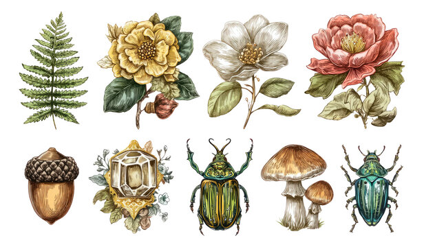 Botanical Illustration Featuring Floral Elements and Insects on Transparent Background