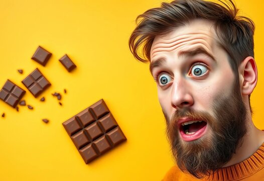 Bearded model's surprised reaction to chocolate square on yellow backdrop,  beard,   satisfaction
