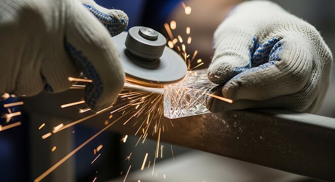 Gloved worker cutting intricate crystal with a power tool sparks flying manufacturing precision - Powered by Adobe
