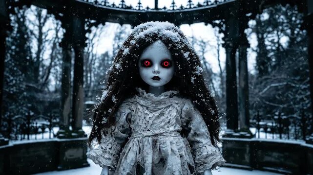 Creepy doll portrait in a gothic winter scene with snowy background