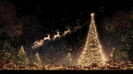 Noel's Ascent: A festive scene where the iconic Santa Claus soars through the night sky, his reindeer leading the way, above an illuminated Christmas tree and a twinkling town.