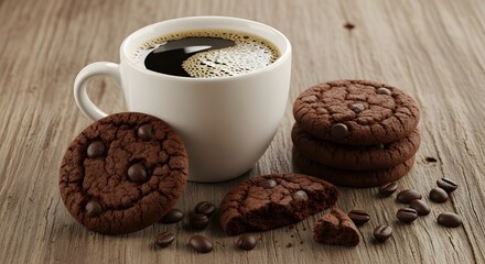 4k still life shows fresh chocolate chip cookies arranged with a steaming cup of black coffee and scattered coffee beans on a rustic wooden surface in warm, inviting