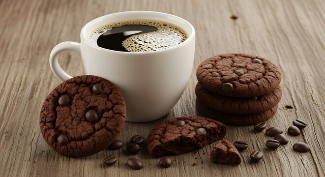 4k still life shows fresh chocolate chip cookies arranged with a steaming cup of black coffee and scattered coffee beans on a rustic wooden surface in warm, inviting