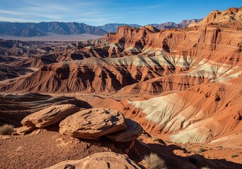 Expansive desert vista showcasing intricate geological stratification and layered red rock