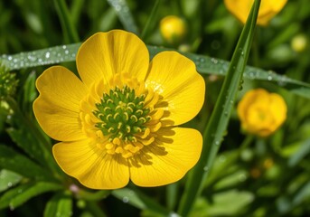Detailed macro view of a bright yellow buttercup flower blooming in a sunny meadow