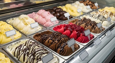 4k close-up displays of assorted ice cream flavors in a vibrant gelato shop showcase, featuring multiple colorful options and a shallow depth of field, creating a