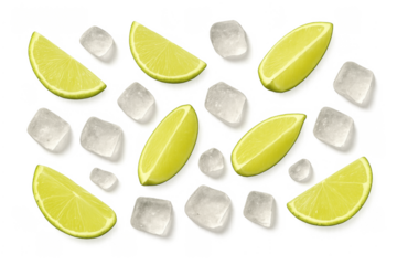 Lime wedges and ice cubes floating transparent background