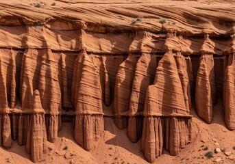 Detailed texture of wind eroded red sandstone pillars and geological stratification.