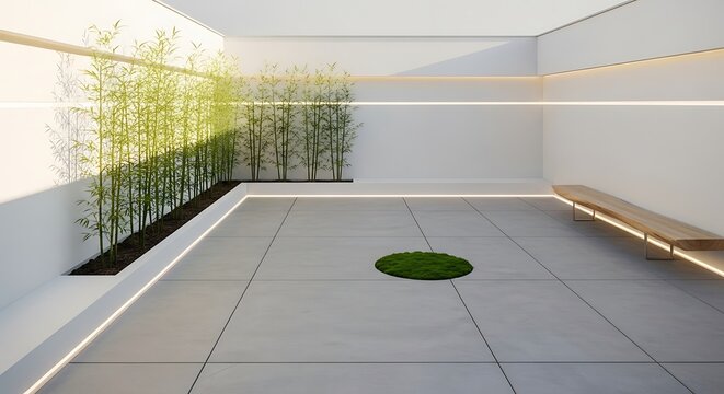Minimalist interior courtyard design with bamboo garden and concrete floor - Powered by Adobe