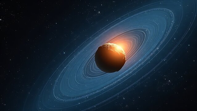 trajectory. A lone glowing interstellar rock drifting through a starfield with unusual trajectory lines, suggesting cosmic motion. STEM education sheets.
