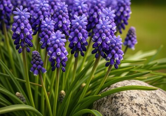 Fototapeta premium Detailed close up of vibrant purple muscari flowers and green foliage in spring