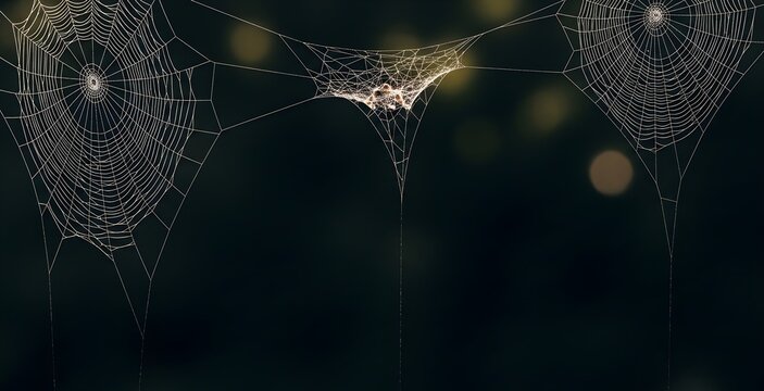 4k, A close-up capturing three spiderwebs suspended in air against a blurred, dark green background with circular bokeh, exhibiting fine detail and conveying a fragile,