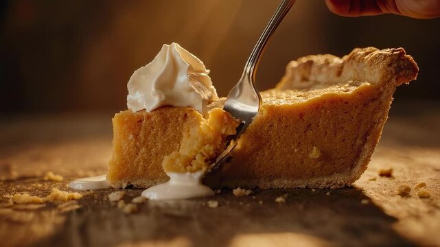 A slice of pumpkin pie with whipped cream and a fork digging into it on a brown surface close up