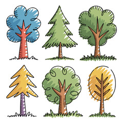 Set of Six HandDrawn Trees in Various Styles