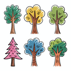 Set of Six HandDrawn Trees in Various Styles