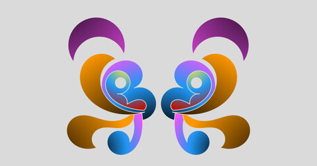 Obraz premium Symmetrical abstract gradient artwork with mirrored colorful shapes forming fluid ornamental curves.