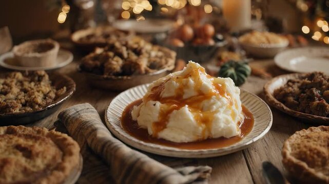 Festive table setting with pies, mashed potatoes, and autumn decor for a holiday gathering