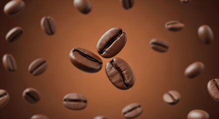Fototapeta premium 4k close-up of coffee beans levitating mid-air, showcasing their rich brown color and texture against a blurred coffee-colored background, creating a dynamic and
