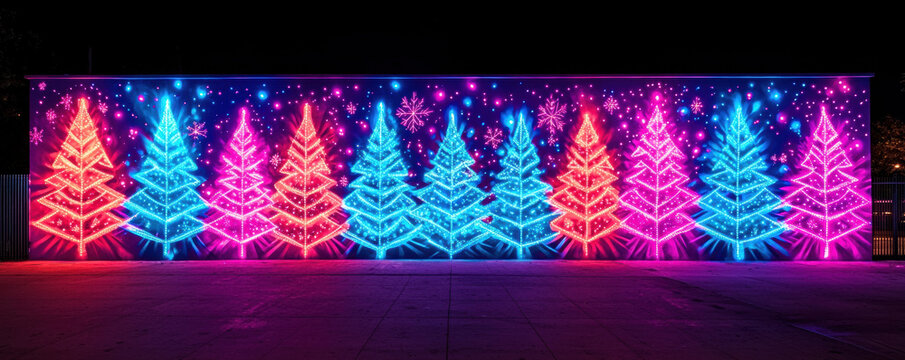 Colorful neon christmas tree mural glows at night with festive lights and snowflakes creating joyful holiday atmosphere outdoors - Powered by Adobe