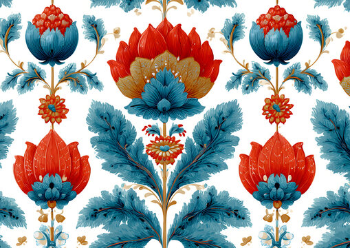 Seamless pattern with stylized ornamental flowers in retro, vintage style. Jacobin embroidery. Colored vector illustration isolated on white background.