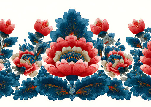 Seamless pattern with stylized ornamental flowers in retro, vintage style. Jacobin embroidery. Colored vector illustration isolated on white background.