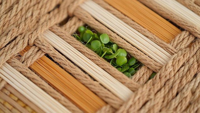 Woven Basket with Greenery Close Up High Angle View