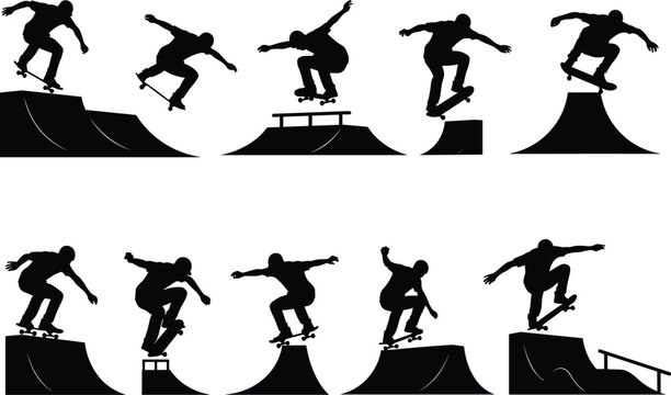Skateboarder silhouette performing tricks on ramps, rails, half-pipes, extreme sports action, urban skateboarding, flat vector illustration, dynamic poses