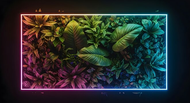 4k top-down capture showing vibrant tropical foliage growing densely, illuminated by neon light border with a rainbow gradient against a dark backdrop, creating an