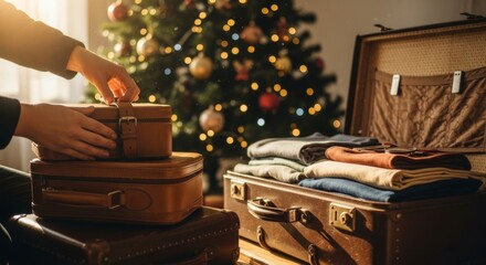 Hands packing a leather suitcase beside a glowing Christmas tree, capturing the warmth and excitement of preparing for a holiday trip.
