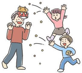 節分の豆まきをする、おじいちゃんと男の子と女の子の家族
