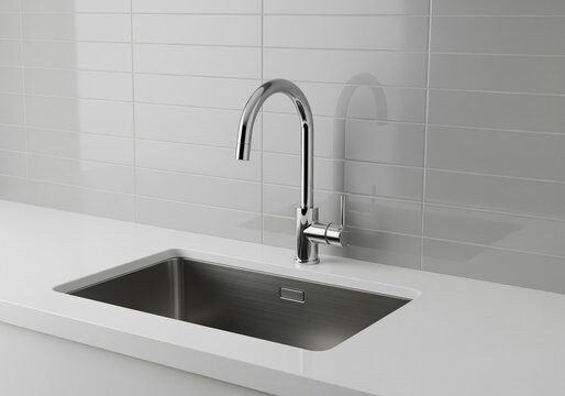 Contemporary stainless steel kitchen sink with shiny chrome tap and white countertop